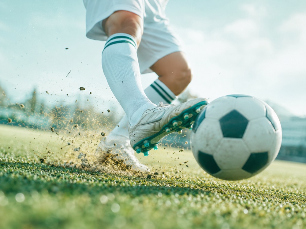 ボールを蹴るサッカー選手の足元